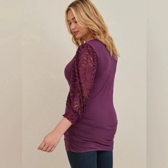 Torrid Plum Lace V-Neck Ruched Front Long Sleeve Top Blouse Size M (00) Medium - Picture 5 of 6